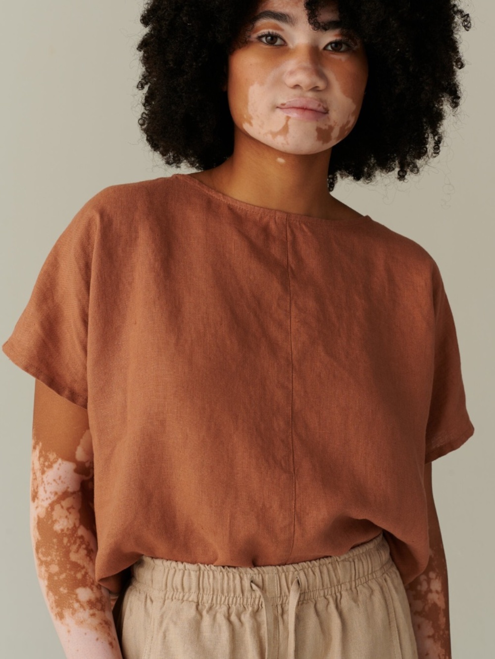 Linenfox Peach Linen Boxy Short-Sleeve Top